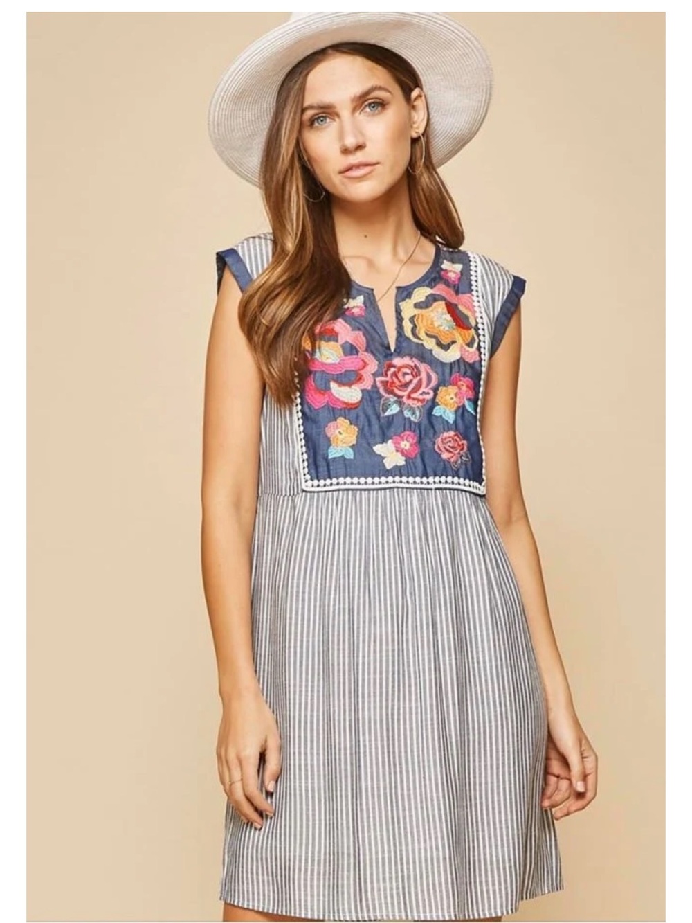 Andree by Unit Floral Embroidered Navy & White Stripe Boutique Sundress S